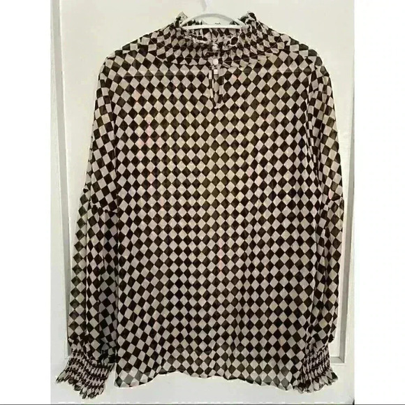 Shein Shirred High Neck Checked Shirt in Brown Check Design - Picture 6 of 7